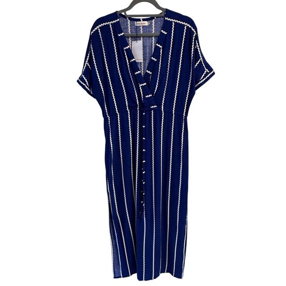 Home Holiday Claude Midi Dress Blue White Zigzag Stripe V-Neck XS Drawstring - Picture 9 of 9